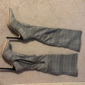 Over the knee plaid cloth heeled boots - size 5.5